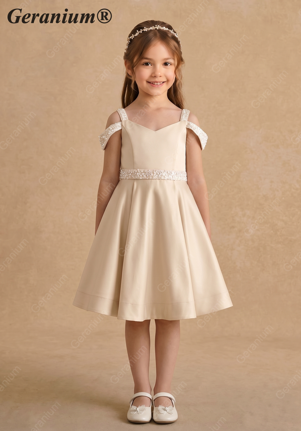 Geranium Girls' Champagne Matte Satin Cold Shoulder Flower Girl Dress with Beaded Sequin Waistband KD-250