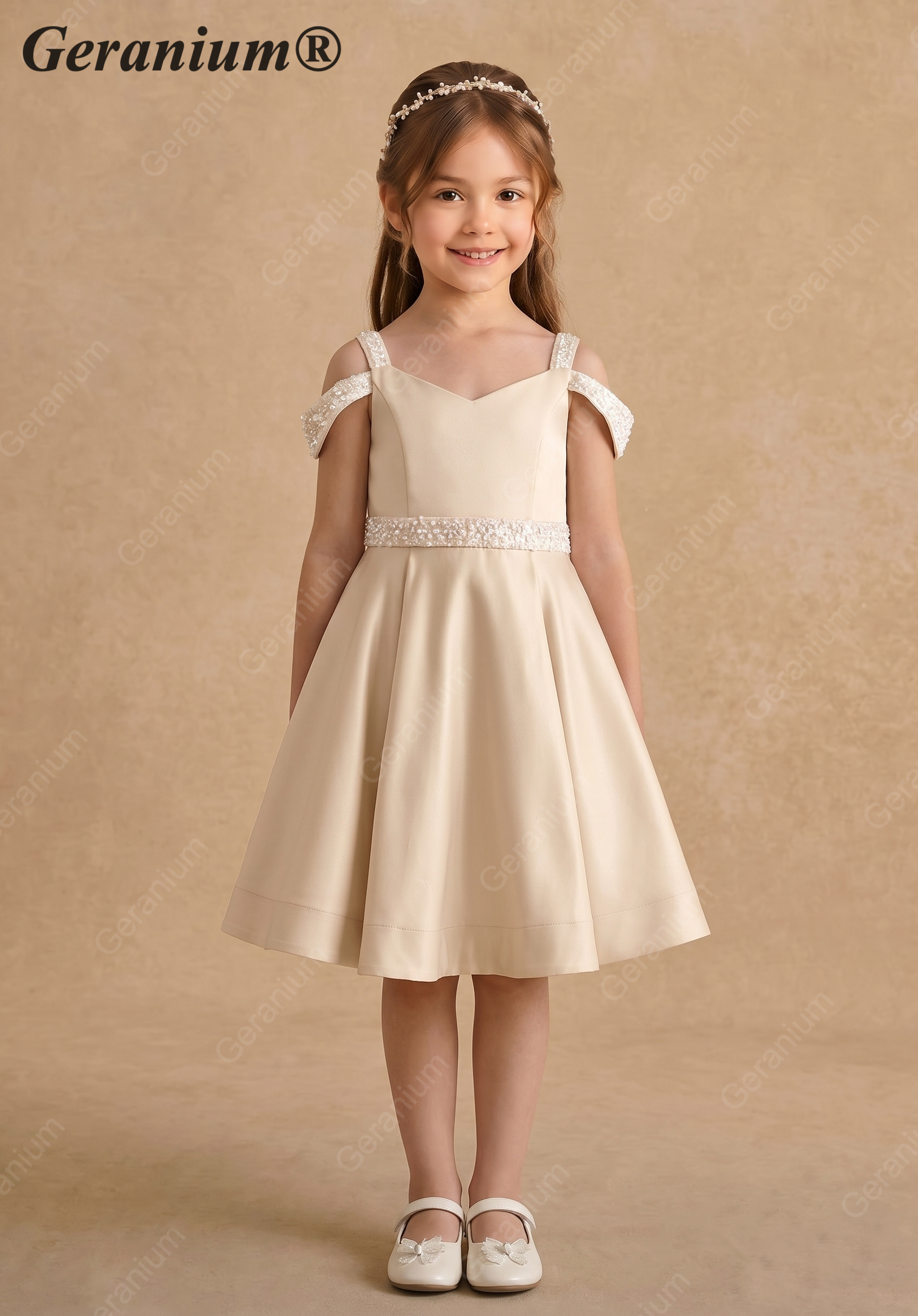 Geranium Girls' Champagne Matte Satin Cold Shoulder Flower Girl Dress with Beaded Sequin Waistband KD-250