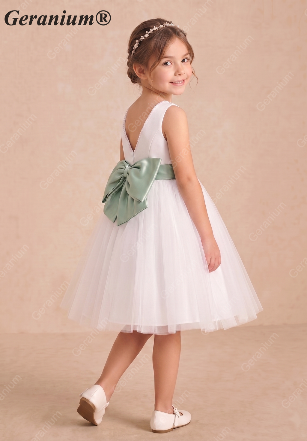 Geranium Elegant Pearl V-Neck Flower Girl Dress with Detachable Sage Green Satin Back Bow KD-298