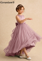 Geranium Elegant Dusty Lavender Satin Flower Girl Dress - Layered Tiered Train & Detachable Bow Back KD-189