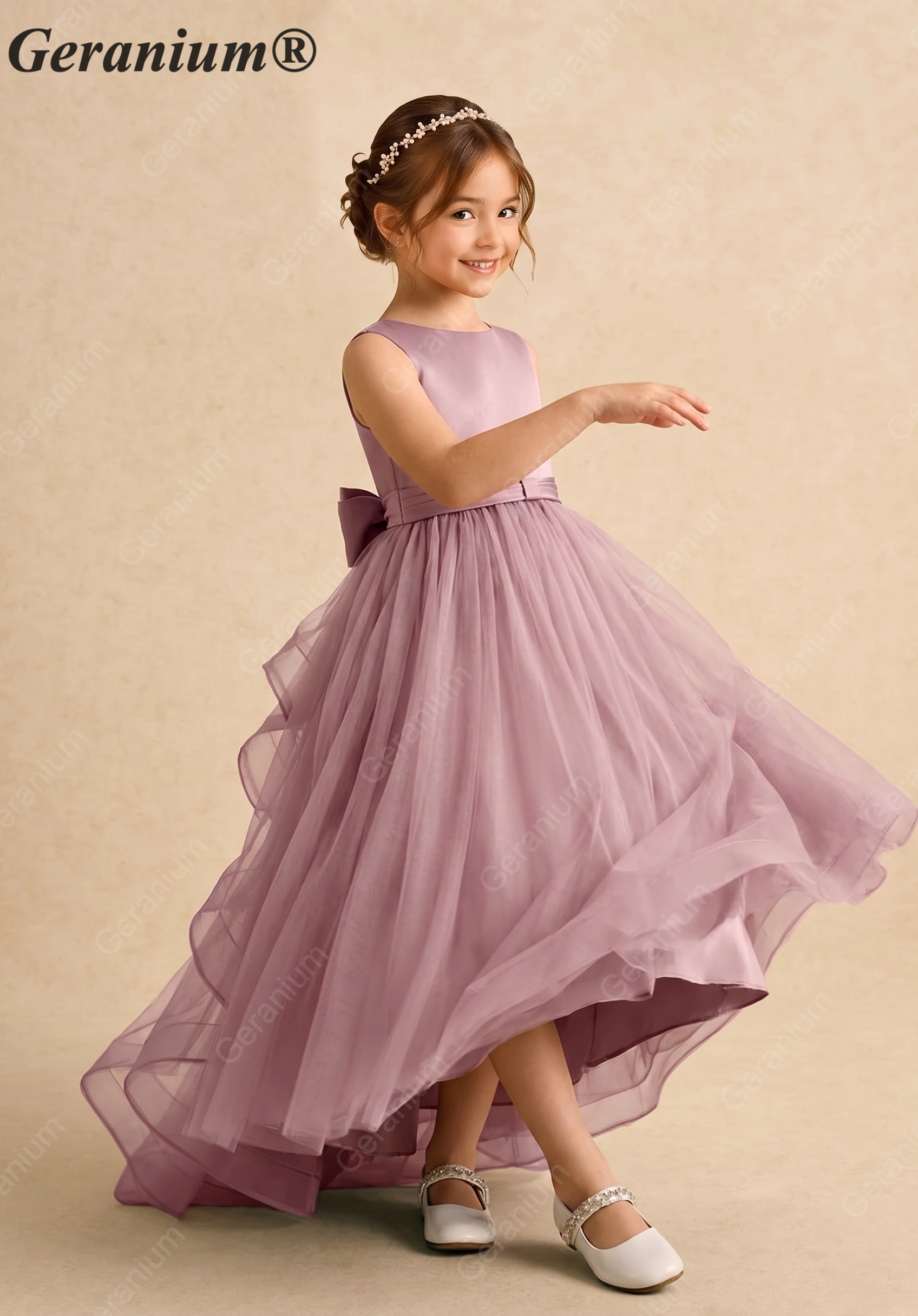 Geranium Elegant Dusty Lavender Satin Flower Girl Dress - Layered Tiered Train & Detachable Bow Back KD-189