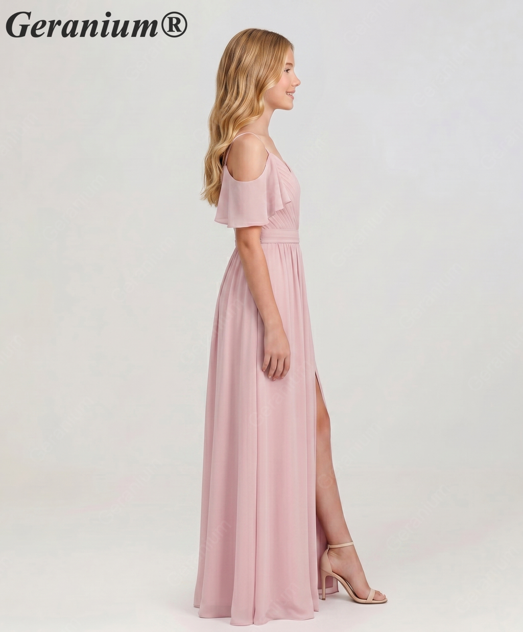 Geranium Elegant Cold Shoulder Chiffon Junior Bridesmaid Dress with Side Slit & Pleated Bodice KD-318