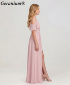 Geranium Elegant Cold Shoulder Chiffon Junior Bridesmaid Dress with Side Slit & Pleated Bodice KD-318