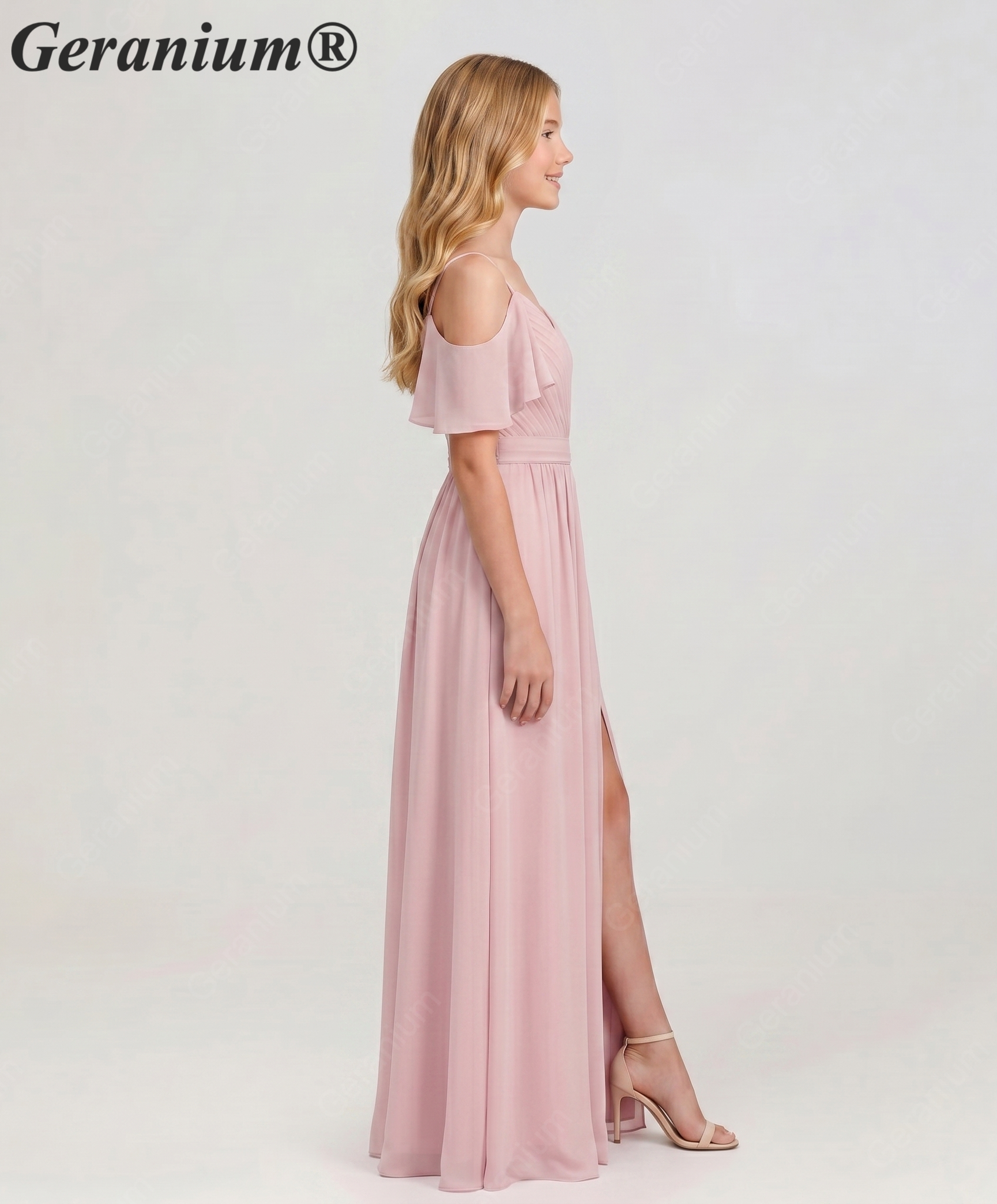 Geranium Elegant Cold Shoulder Chiffon Junior Bridesmaid Dress with Side Slit & Pleated Bodice KD-318