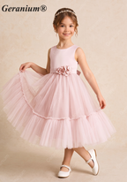 Geranium Elegant Blush Pink Tulle Flower Girl Dress - Satin Bodice with Handmade 3D Rosettes KD-206