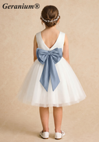 Geranium Elegant White Tulle Flower Girl Dress with Dusty Blue Pleated Sash & Oversized Back Bow KD-218