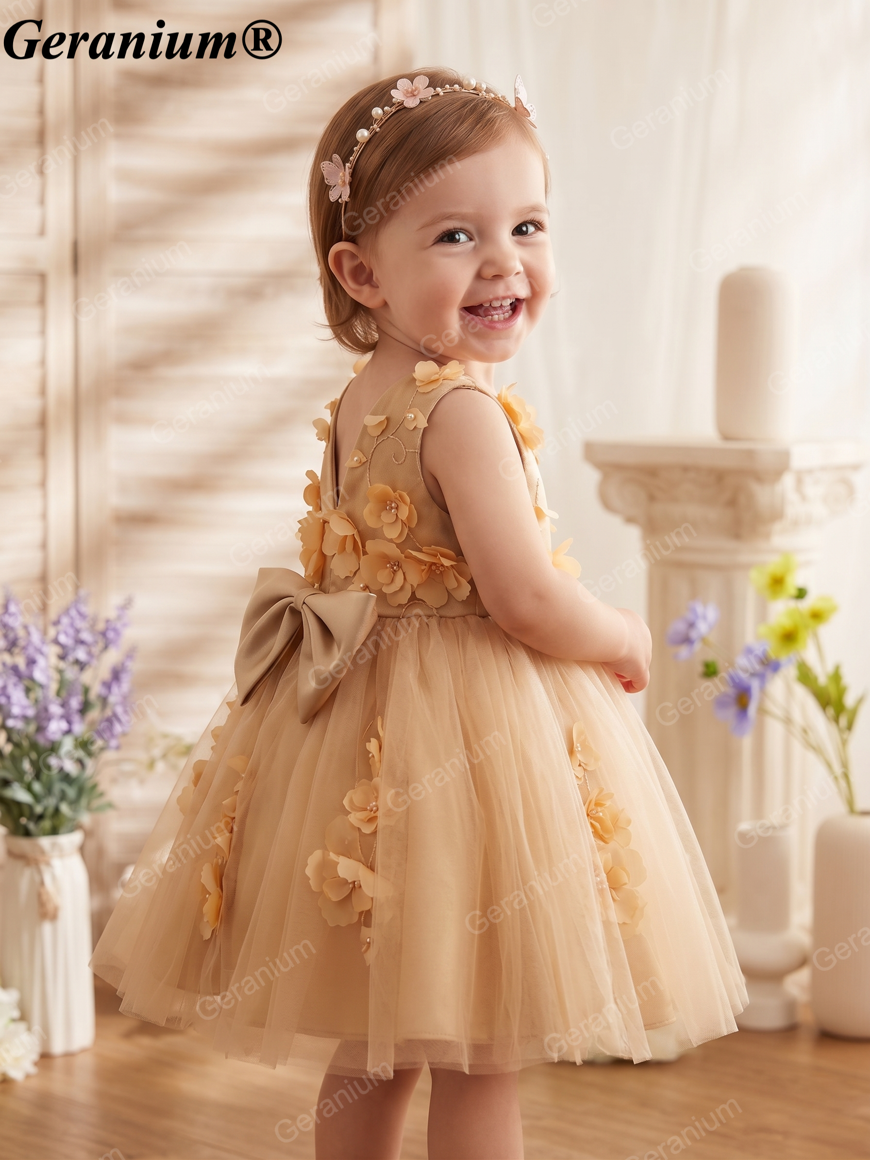 Geranium Toddler Girl Champagne Gold 3D Floral Tulle Dress - Elegant Flower Girl Wedding Party Gown with Back Bow KD-27 Secondary image