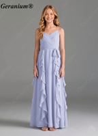 Geranium Sage Green Chiffon Junior Bridesmaid Dress with Ruffle Skirt – Spaghetti Strap V-Neck Teen Formal Dress KD-57
