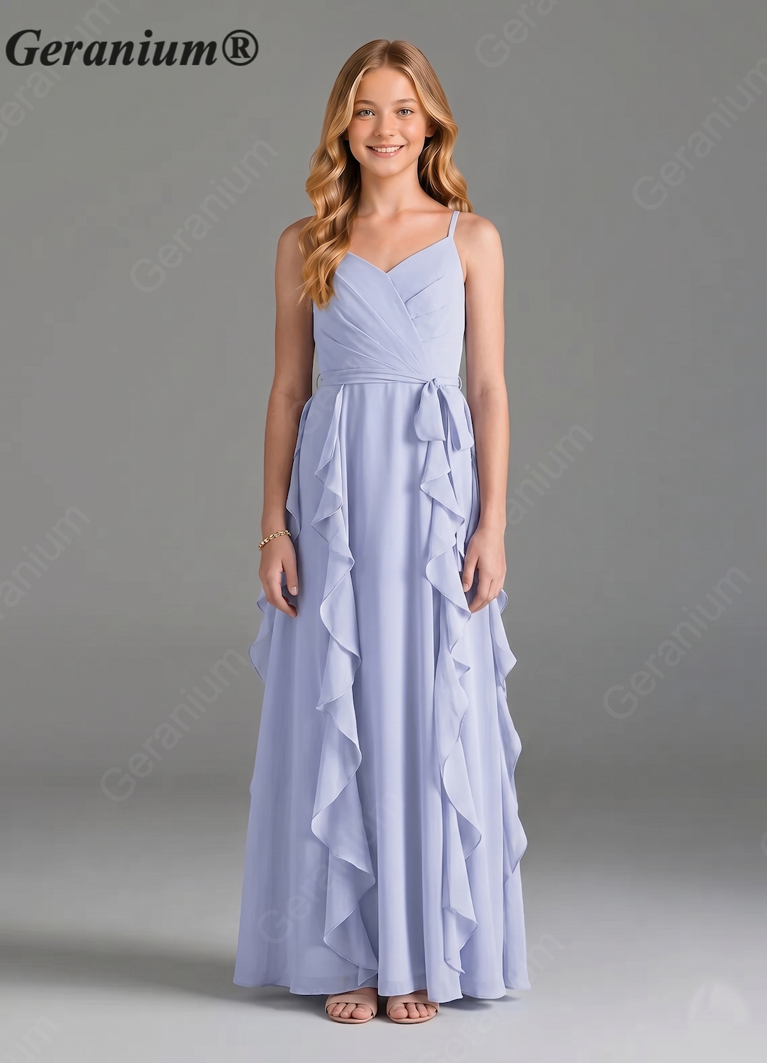 Geranium Sage Green Chiffon Junior Bridesmaid Dress with Ruffle Skirt – Spaghetti Strap V-Neck Teen Formal Dress KD-57