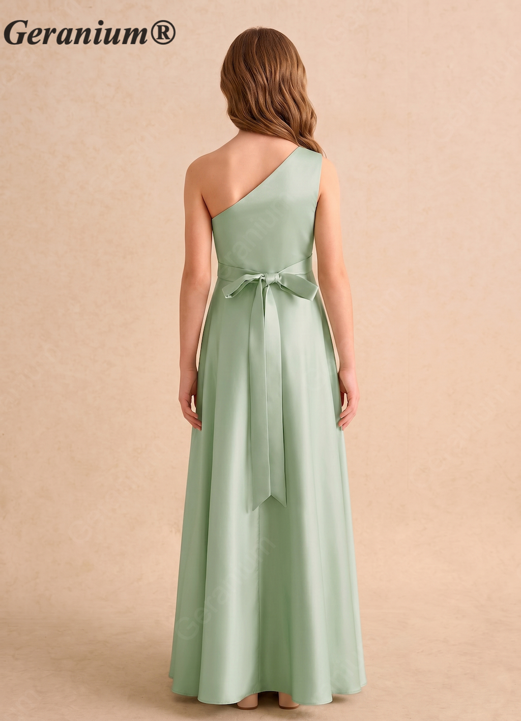 Geranium One Shoulder Satin Bridesmaid Dress with Side Drape & Waist Tie – Floor Length A-Line Formal Gown KD-160