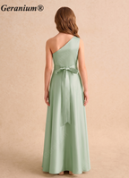 Geranium One Shoulder Satin Bridesmaid Dress with Side Drape & Waist Tie – Floor Length A-Line Formal Gown KD-160