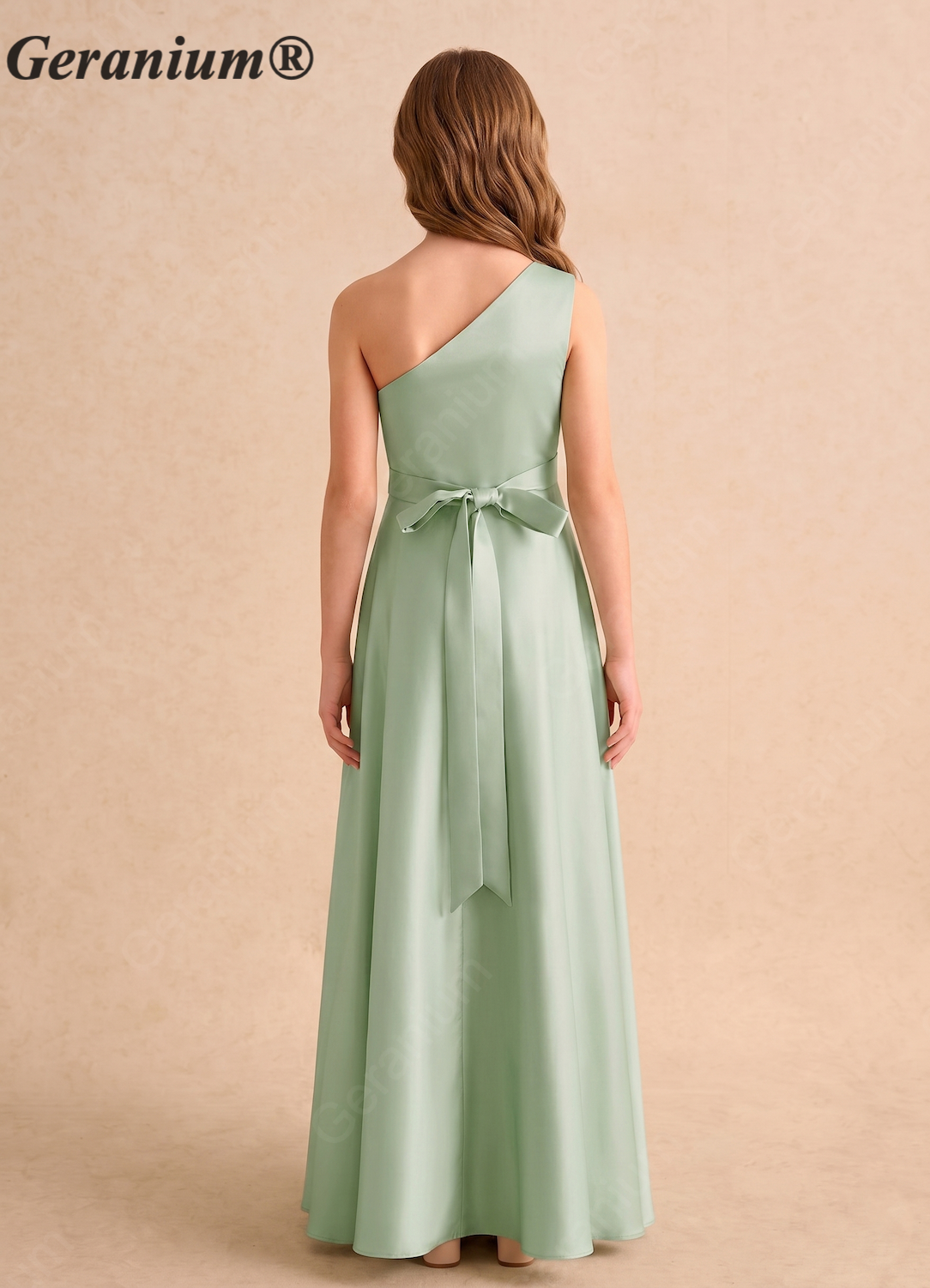 Geranium One Shoulder Satin Bridesmaid Dress with Side Drape & Waist Tie – Floor Length A-Line Formal Gown KD-160
