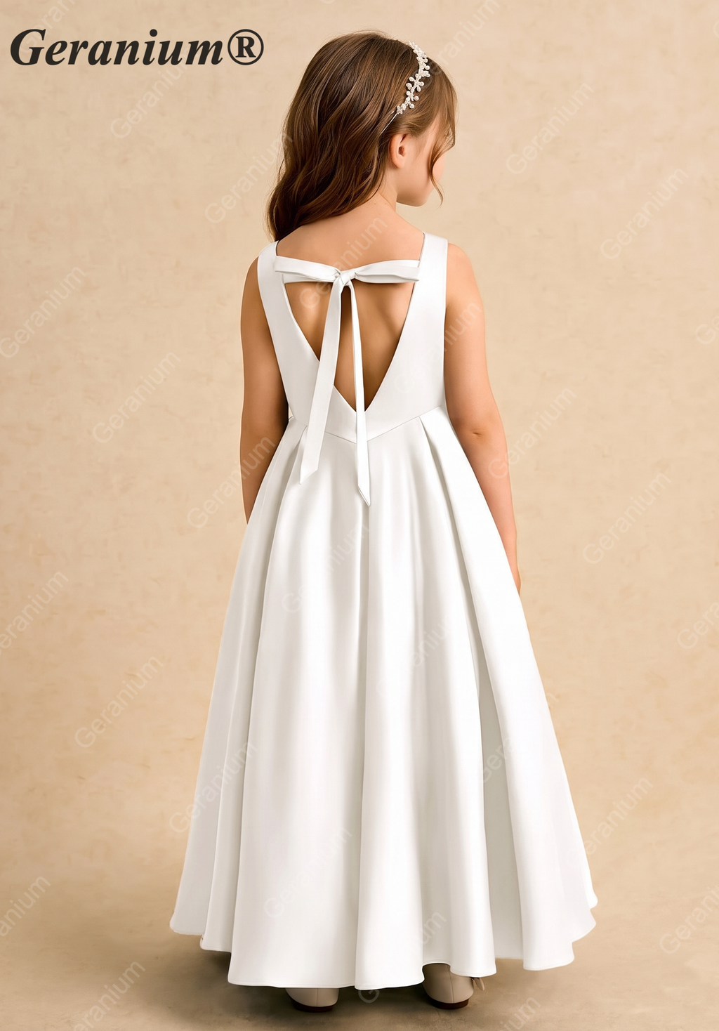 Geranium Elegant Minimalist Satin Flower Girl Dress: Open V-Back with Bow & Pleated A-Line Skirt KD-197