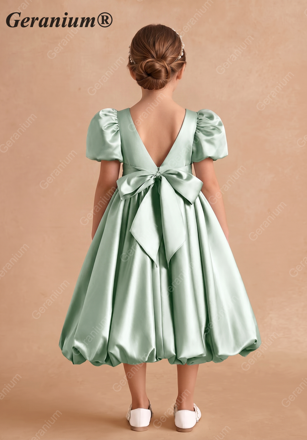Geranium Elegant Sage Green Bubble Hem Flower Girl Dress with Puff Sleeves & Oversized Back Bow KD-241