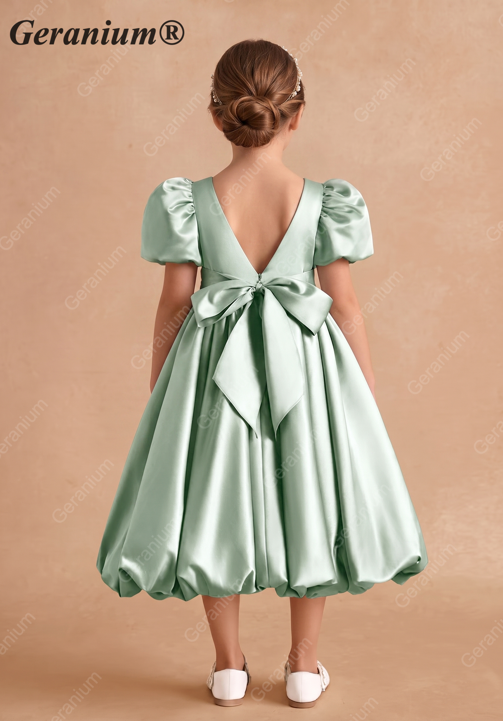 Geranium Elegant Sage Green Bubble Hem Flower Girl Dress with Puff Sleeves & Oversized Back Bow KD-241