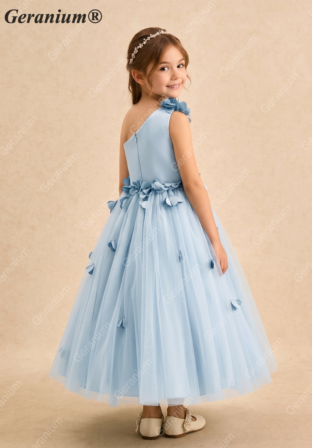 Geranium Light Blue One-Shoulder Flower Girl Dress with 3D Petal Accents & Tulle Skirt KD-253