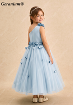 Geranium Light Blue One-Shoulder Flower Girl Dress with 3D Petal Accents & Tulle Skirt KD-253