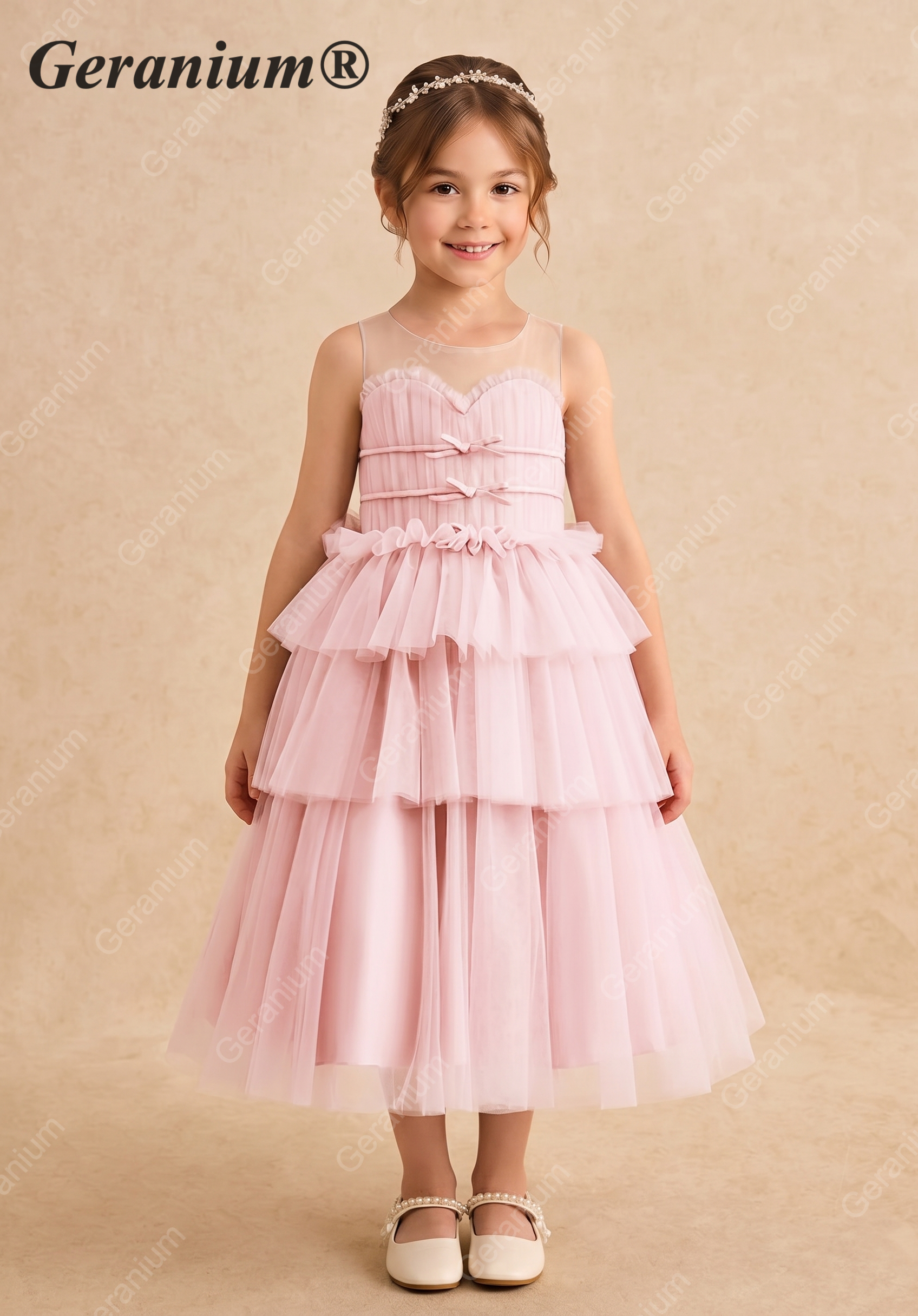 Geranium Girls' Pink Pleated Tulle Party Gown - Elegant Tiered Princess Dress for Weddings & Birthdays KD-243 Main image