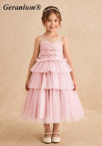 Geranium Girls' Pink Pleated Tulle Party Gown - Elegant Tiered Princess Dress for Weddings & Birthdays KD-243