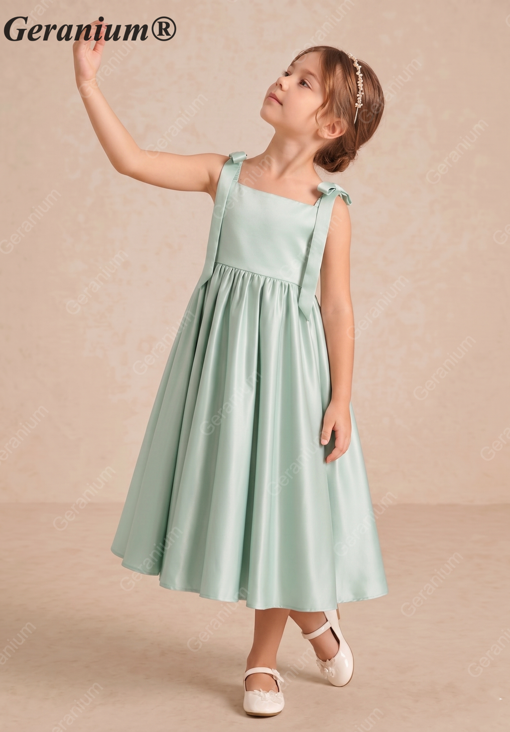 Gearanium Girls Sage Green Satin Flower Girl Dress - Tie-Shoulder A-Line Party Gown KD-288