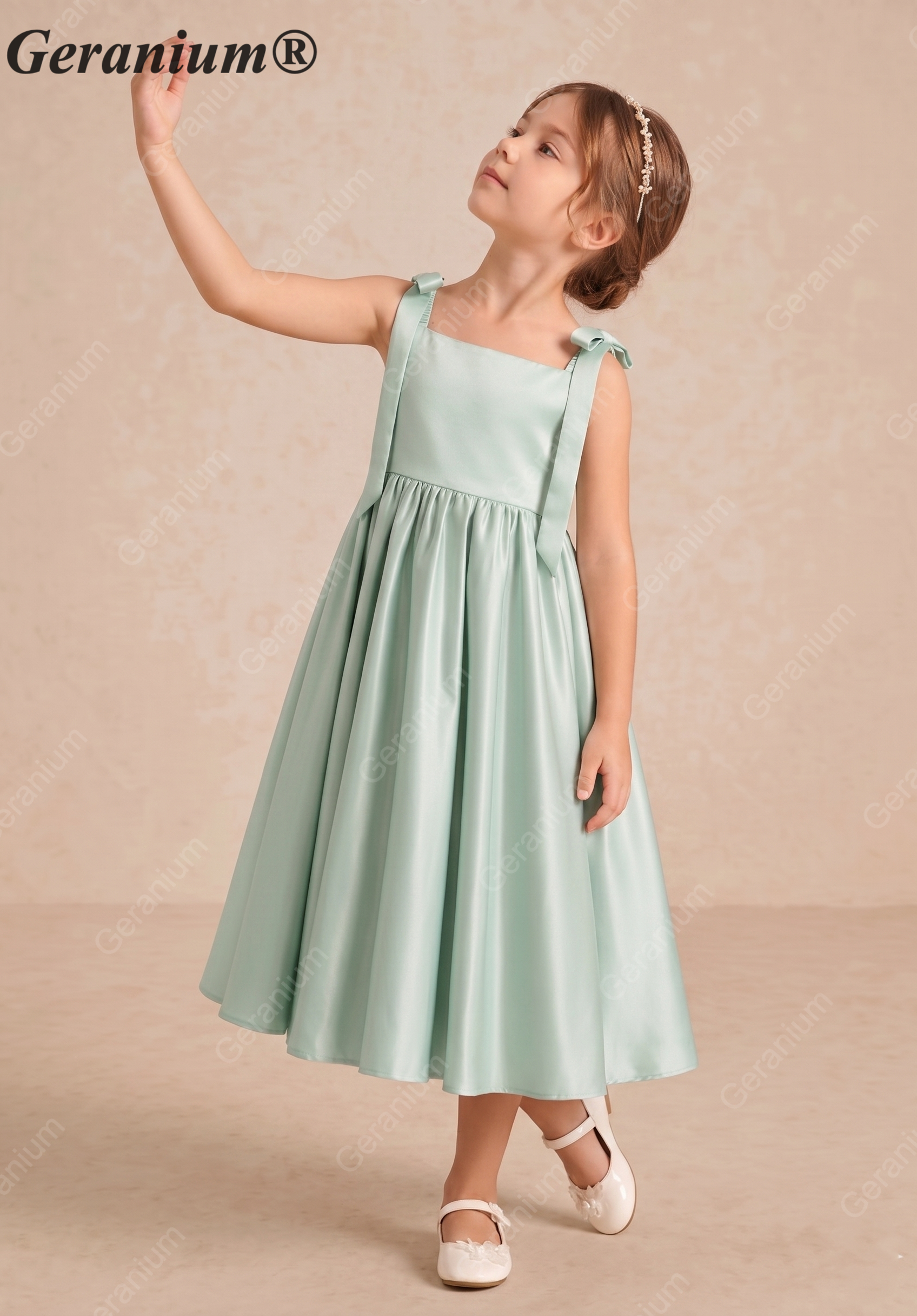 Gearanium Girls Sage Green Satin Flower Girl Dress - Tie-Shoulder A-Line Party Gown KD-288