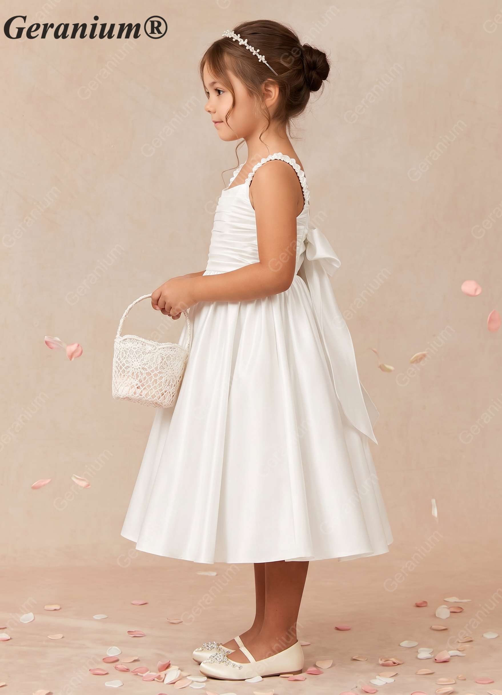Geranium Elegant Lustrous Satin Flower Girl Dress - Pleated Bodice & Oversized Back Bow A-Line Gown KD-286