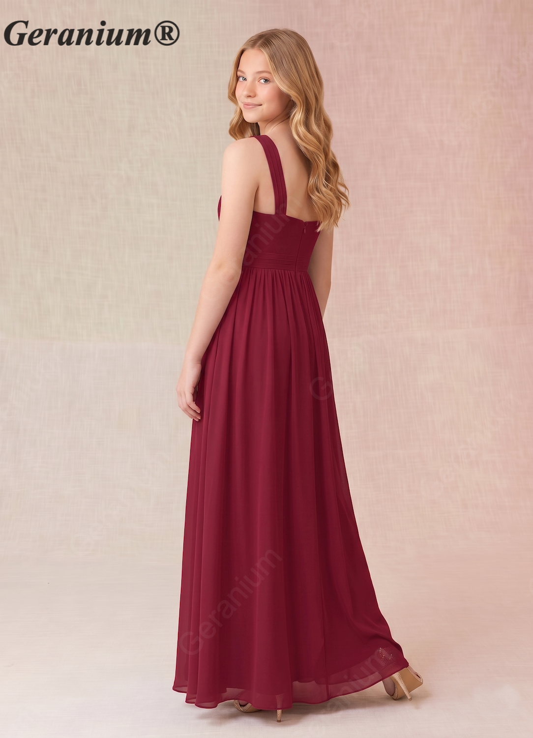 Geranium Burgundy Cross Halter Chiffon Junior Bridesmaid Dress with Front Slit – KD-65 Image secondaire du produit