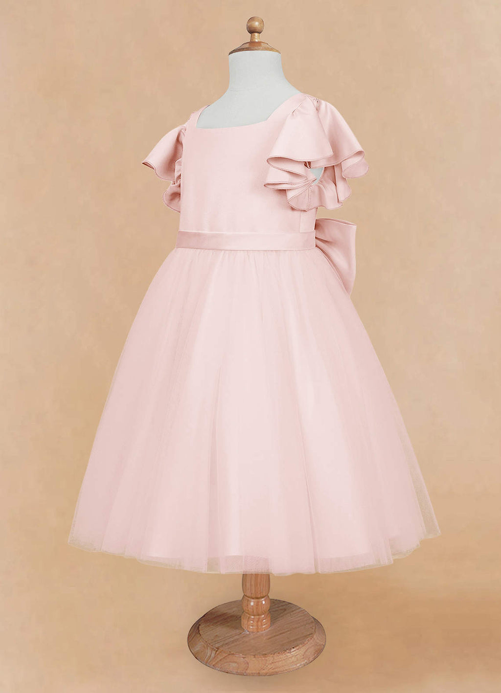 Geranium Girls Pink Ruffle Sleeve Satin Tulle Tutu Dress - Flower Girl Gown with Oversized Bow KD-219