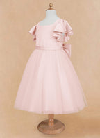 Geranium Girls Pink Ruffle Sleeve Satin Tulle Tutu Dress - Flower Girl Gown with Oversized Bow KD-219