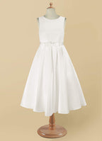 Geranium Elegant Satin Sleeveless Flower Girl Dress with Bow Sash - A-Line First Communion Princess Gown KD-261