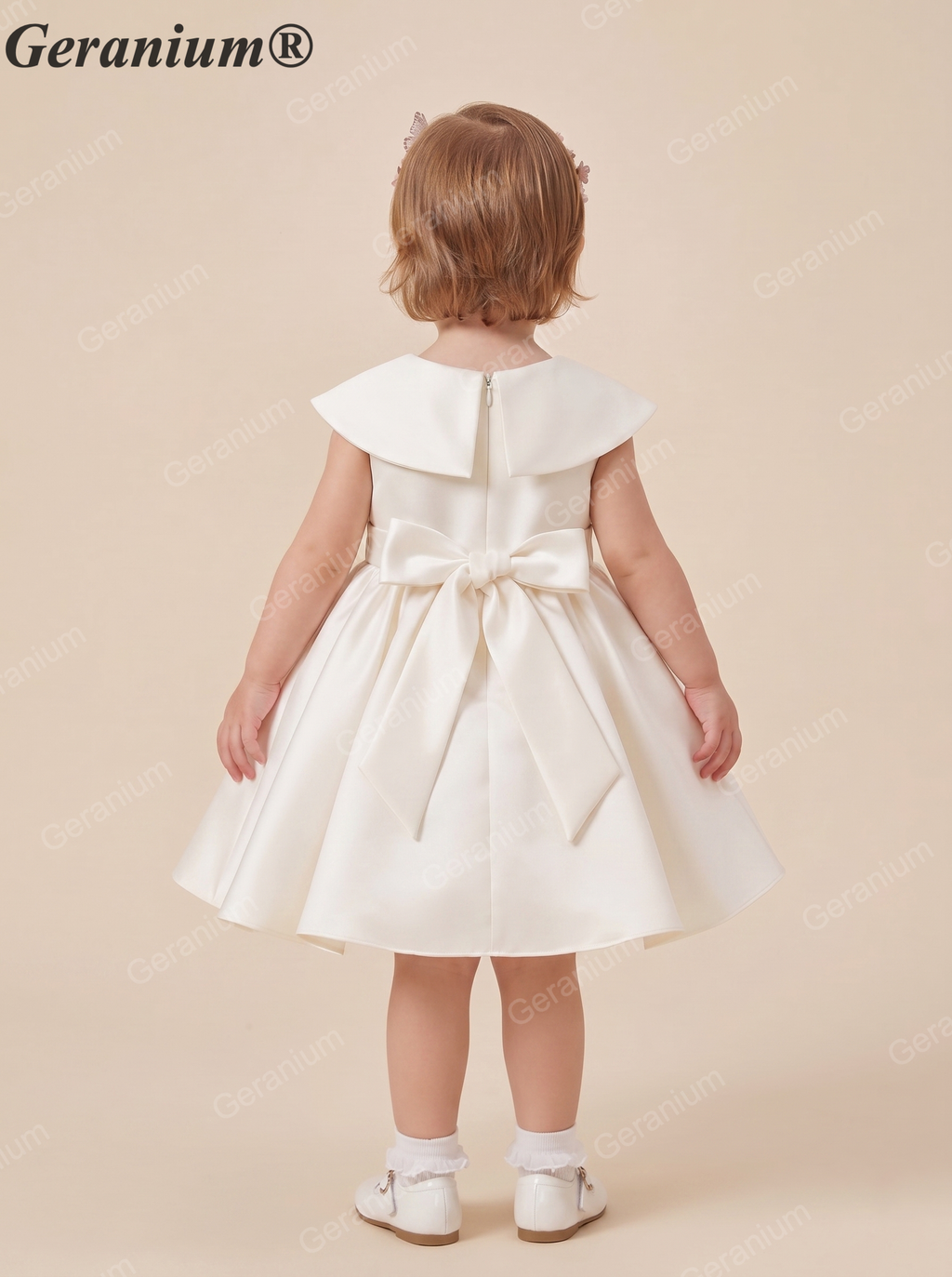 Geranium Elegant Satin Flower Girl Dress - Vintage Portrait Collar with Bow Gown - Ivory Toddler Party Dress KD-368