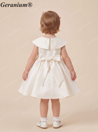 Geranium Elegant Satin Flower Girl Dress - Vintage Portrait Collar with Bow Gown - Ivory Toddler Party Dress KD-368