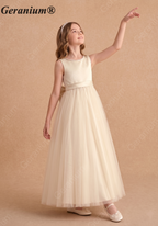 Geranium Elegant Pearl Neckline Satin & Tulle Flower Girl Dress with Big Bow KD-194J