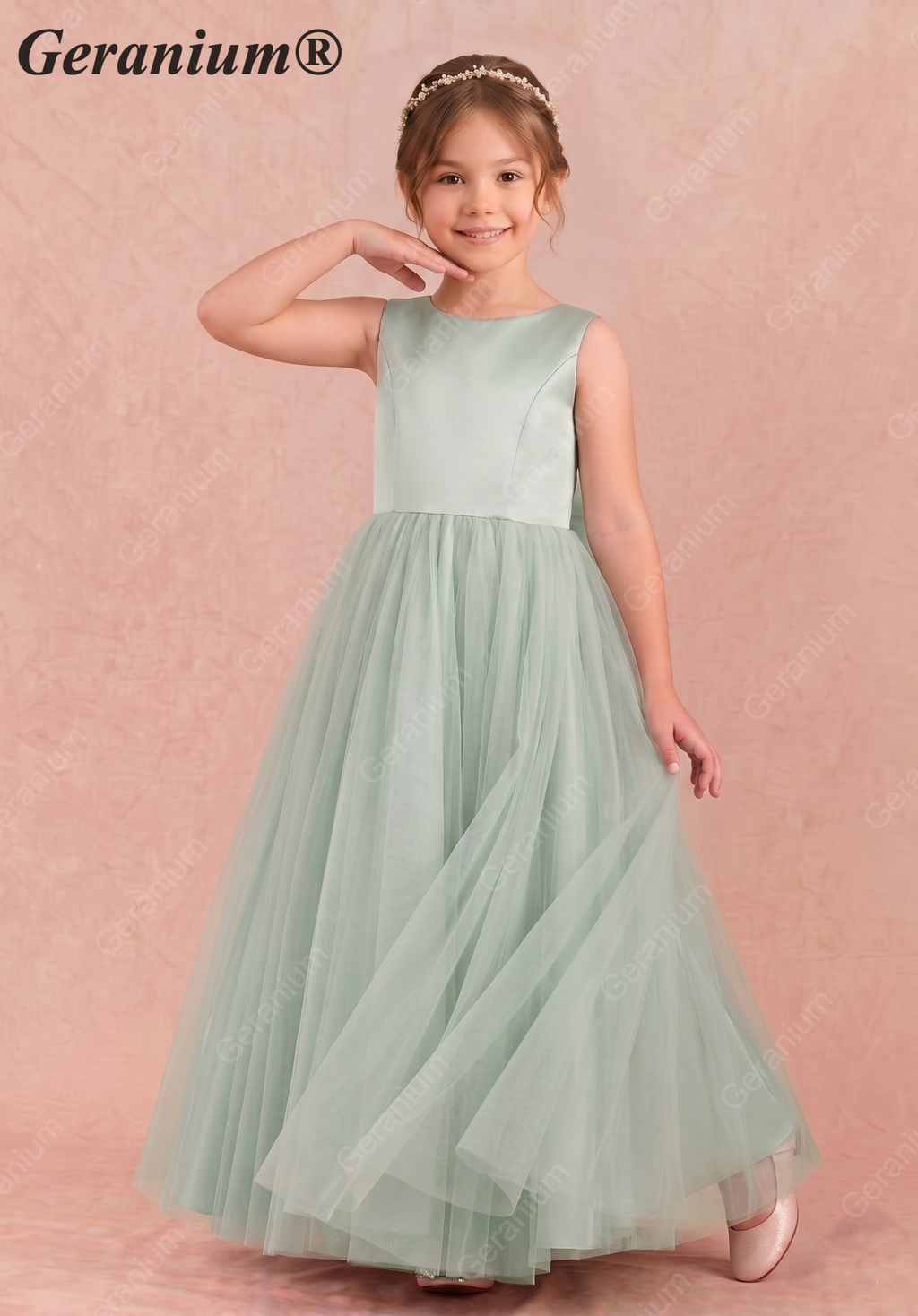Geranium Heart Back Sage Green Tulle Flower Girl Dress with Oversized Bow KD-258