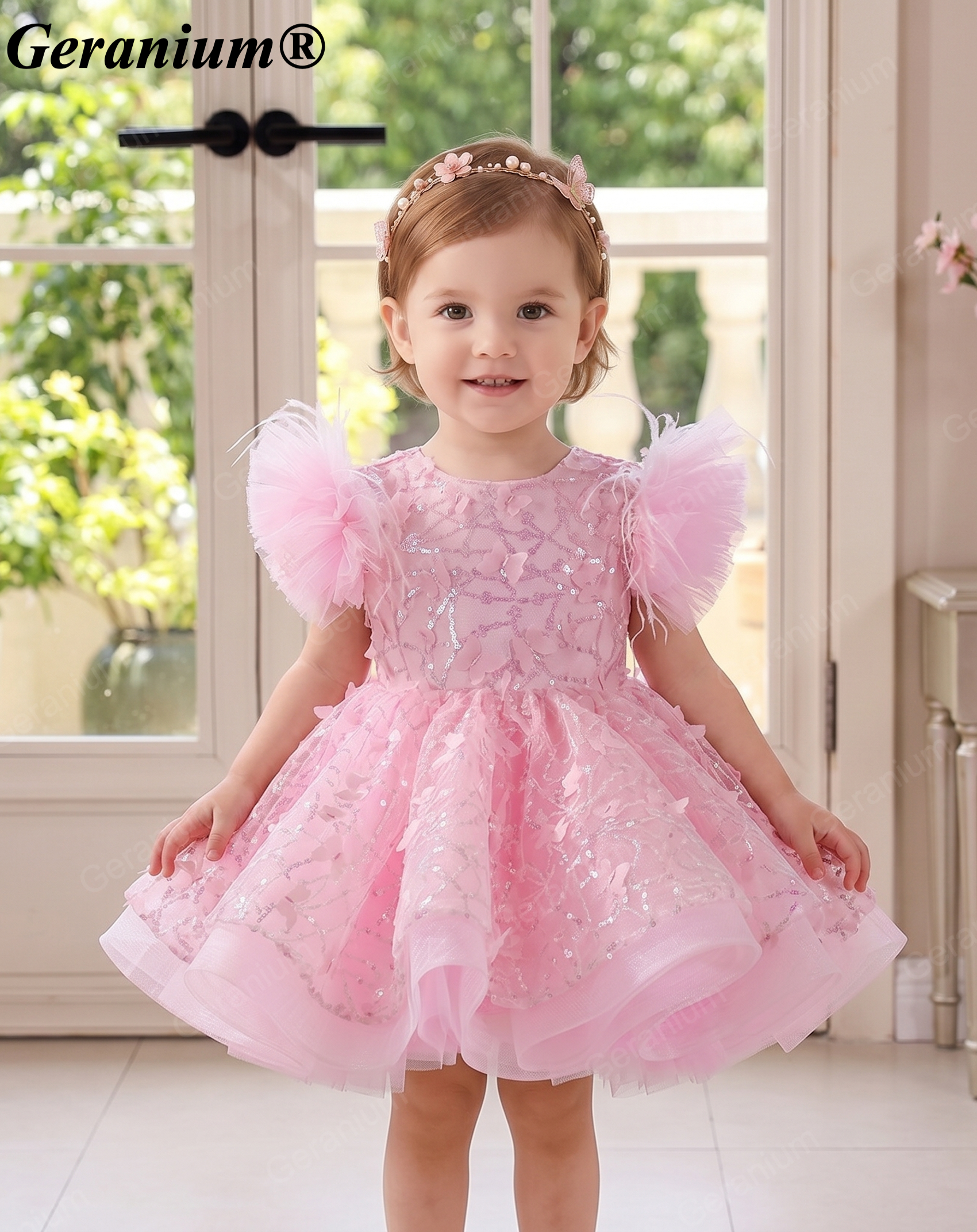 Geranium Sparkling Butterfly Sequined Toddler Formal Dress - Ethereal Feather Sleeve Birthday Gown with Oversized Back Bow KD-362
