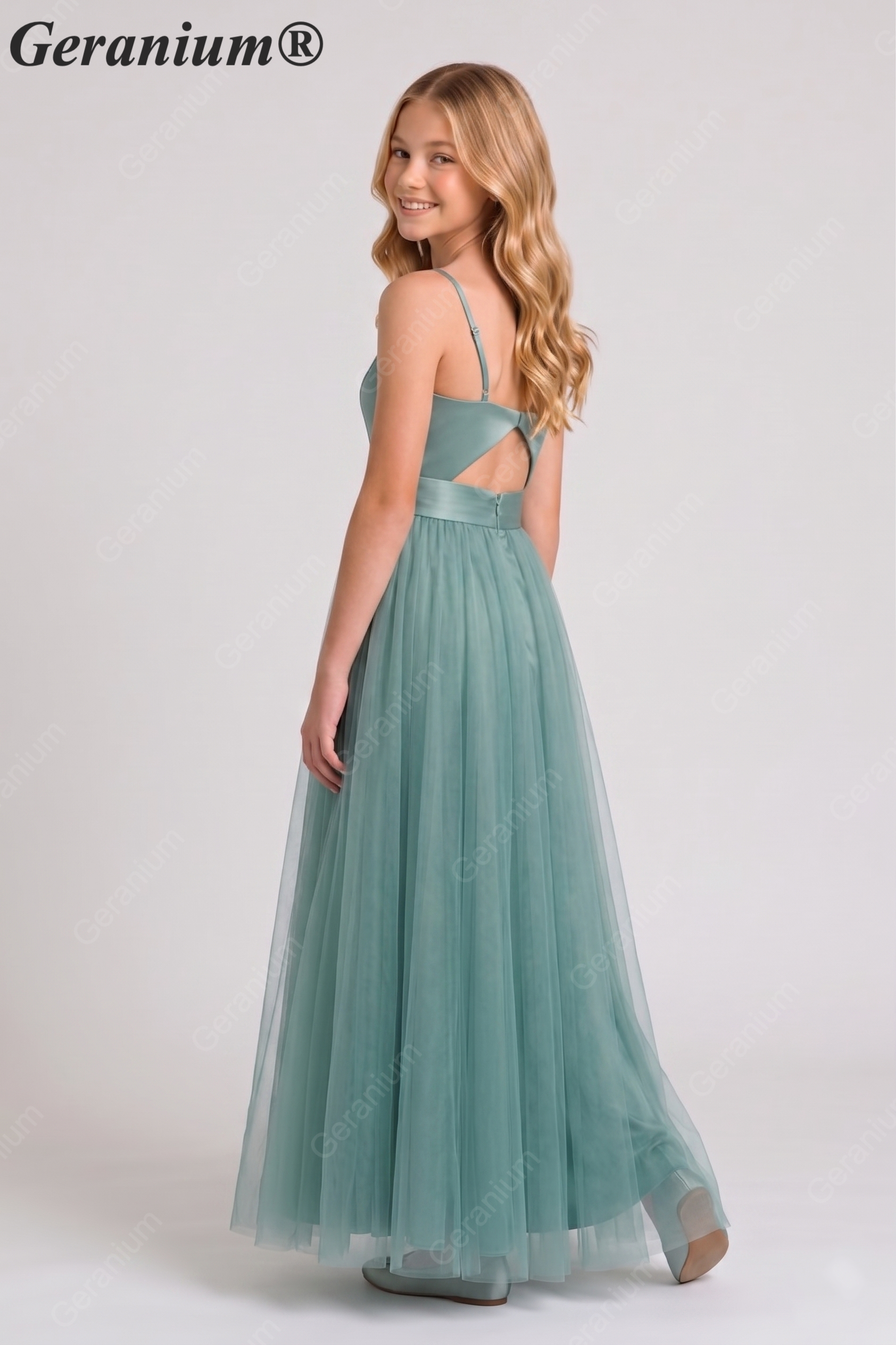 Geranium Sage Green Tulle & Satin Junior Bridesmaid Dress with V-Neck & Open Back – KD-328 Secondary image