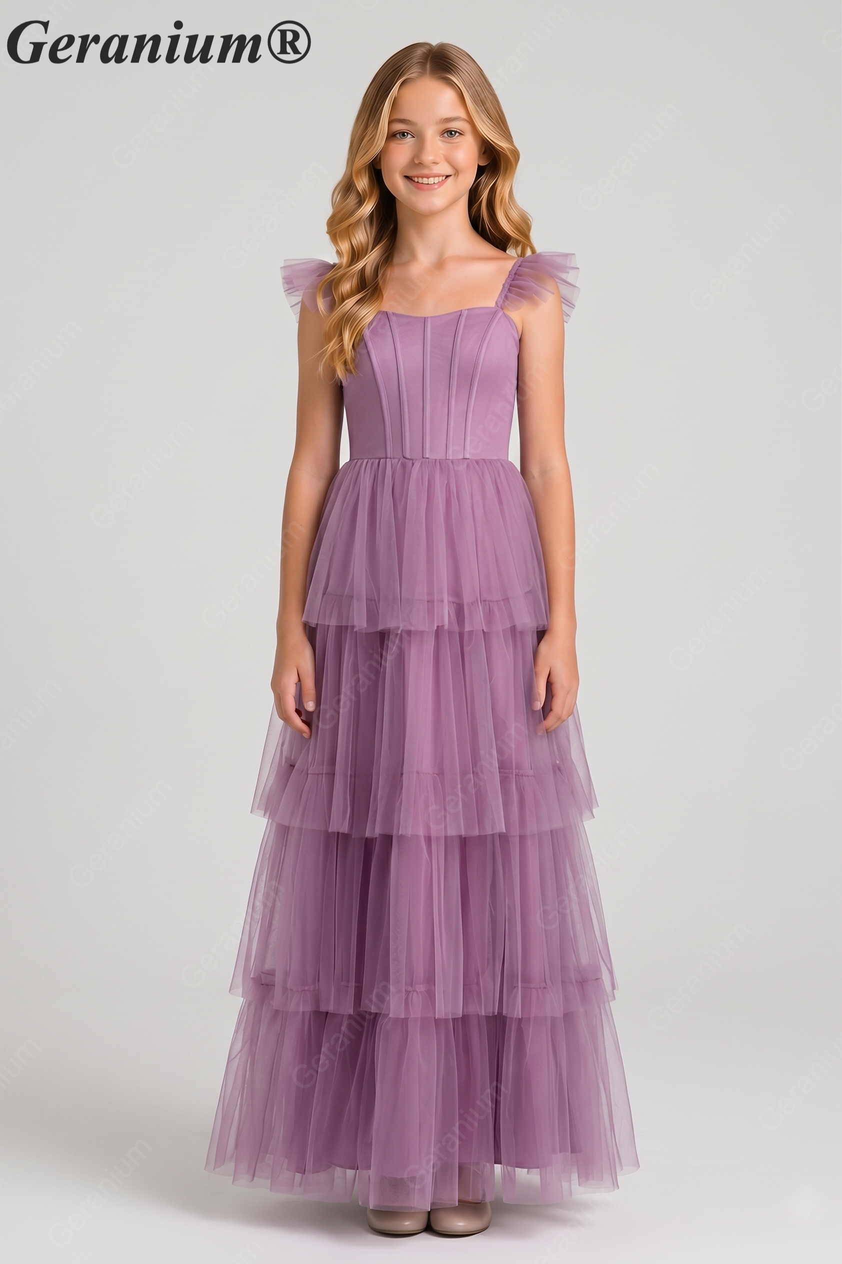 Geranium Fairy-tale Square Neck Tiered Tulle Gown with Corset Bodice for Bridesmaid & Prom KD-325