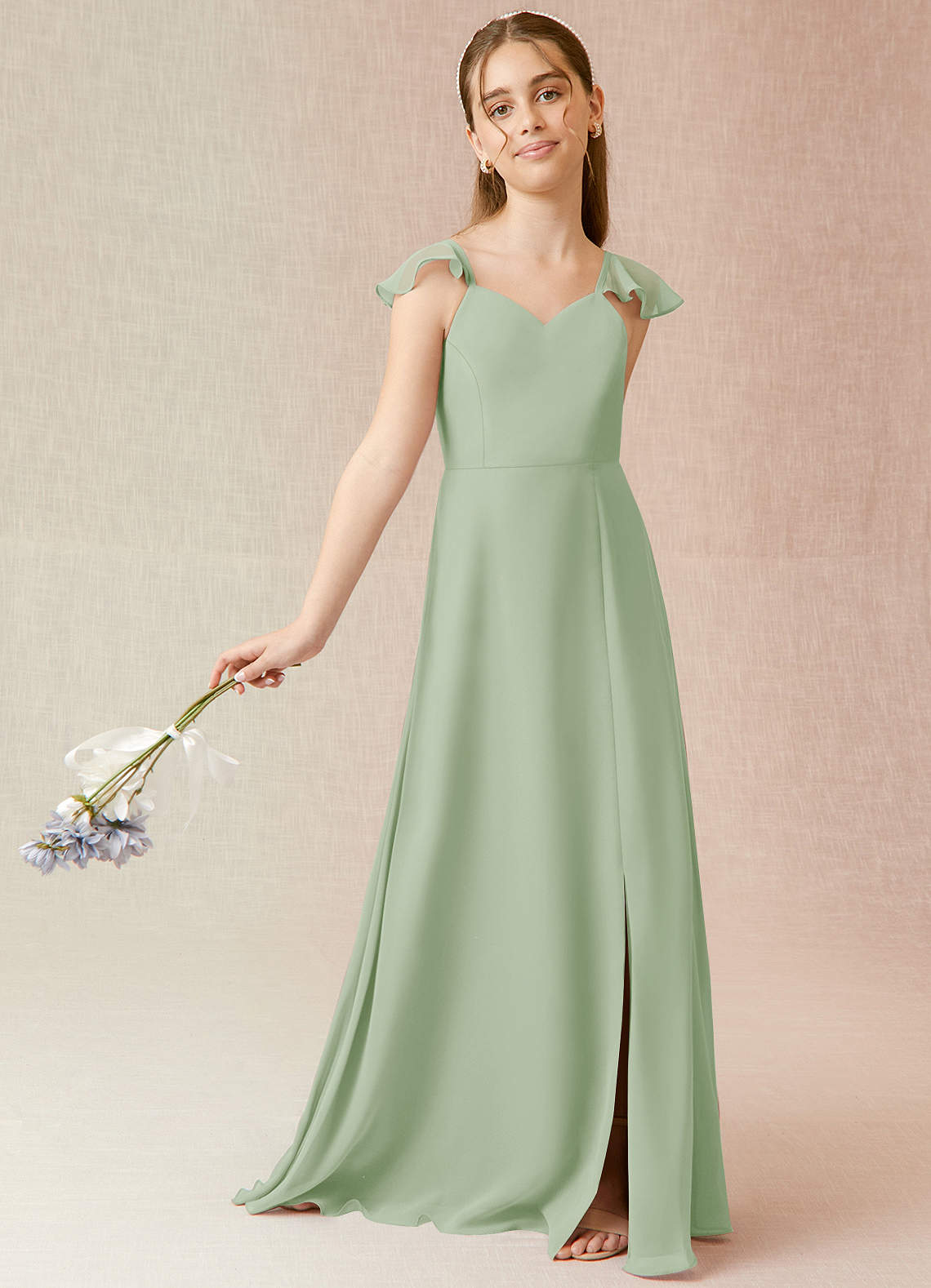 Geranium Sage Green Flutter Sleeve Chiffon Junior Bridesmaid Dress with Bow Back & Side Slit KD-69 Main image