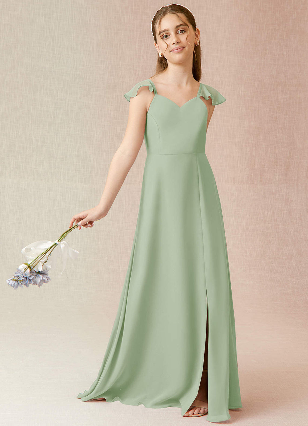 Geranium Sage Green Flutter Sleeve Chiffon Junior Bridesmaid Dress with Bow Back & Side Slit KD-69