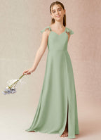 Geranium Sage Green Flutter Sleeve Chiffon Junior Bridesmaid Dress with Bow Back & Side Slit KD-69