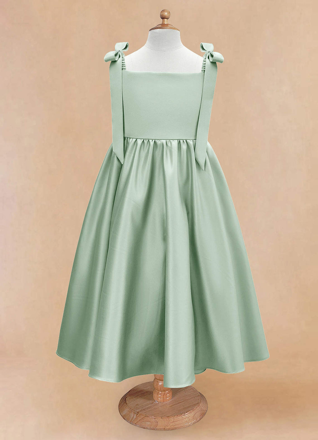 Gearanium Girls Sage Green Satin Flower Girl Dress - Tie-Shoulder A-Line Party Gown KD-288