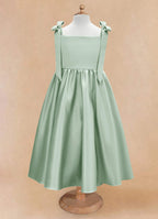 Gearanium Girls Sage Green Satin Flower Girl Dress - Tie-Shoulder A-Line Party Gown KD-288