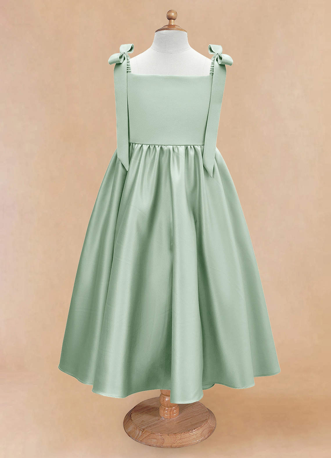 Gearanium Girls Sage Green Satin Flower Girl Dress - Tie-Shoulder A-Line Party Gown KD-288