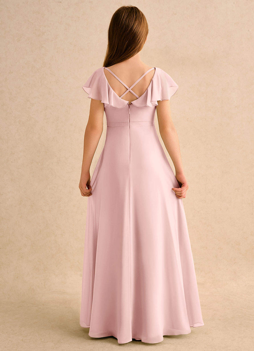Geranium Blush Pink Chiffon Junior Bridesmaid Dress with Flutter Sleeves & Crisscross Back KD-147