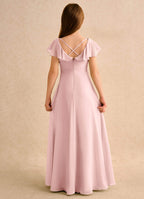 Geranium Blush Pink Chiffon Junior Bridesmaid Dress with Flutter Sleeves & Crisscross Back KD-147