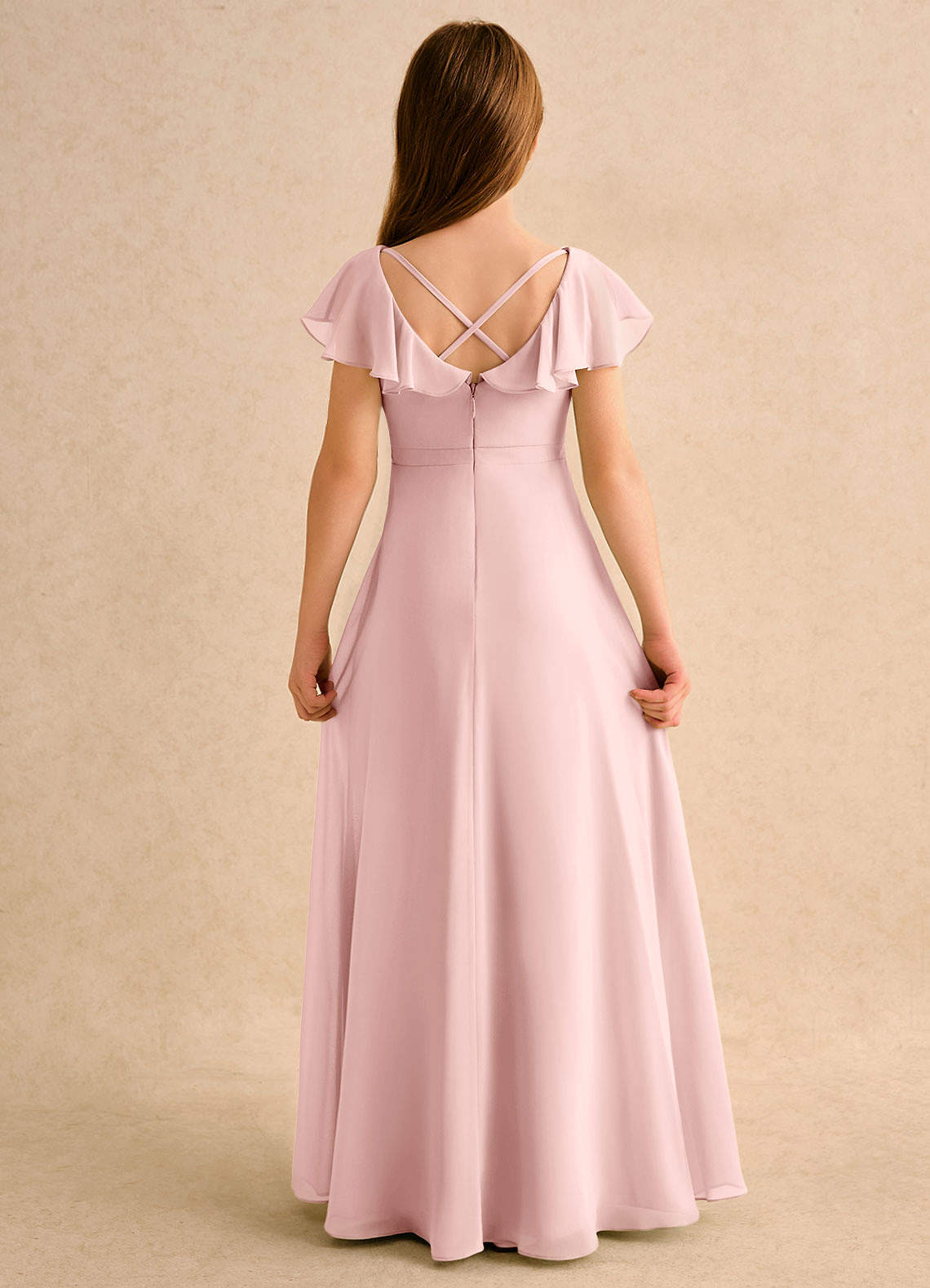 Geranium Blush Pink Chiffon Junior Bridesmaid Dress with Flutter Sleeves & Crisscross Back KD-147