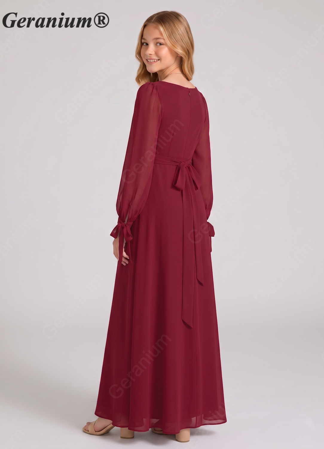 Geranium Chiffon Square Neck Long Sleeve Junior Bridesmaid Dress – KD-86 Secondary image