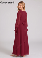 Geranium Elegant Square Neck Long Sleeve Chiffon Junior Bridesmaid Dress with Bow KD-86