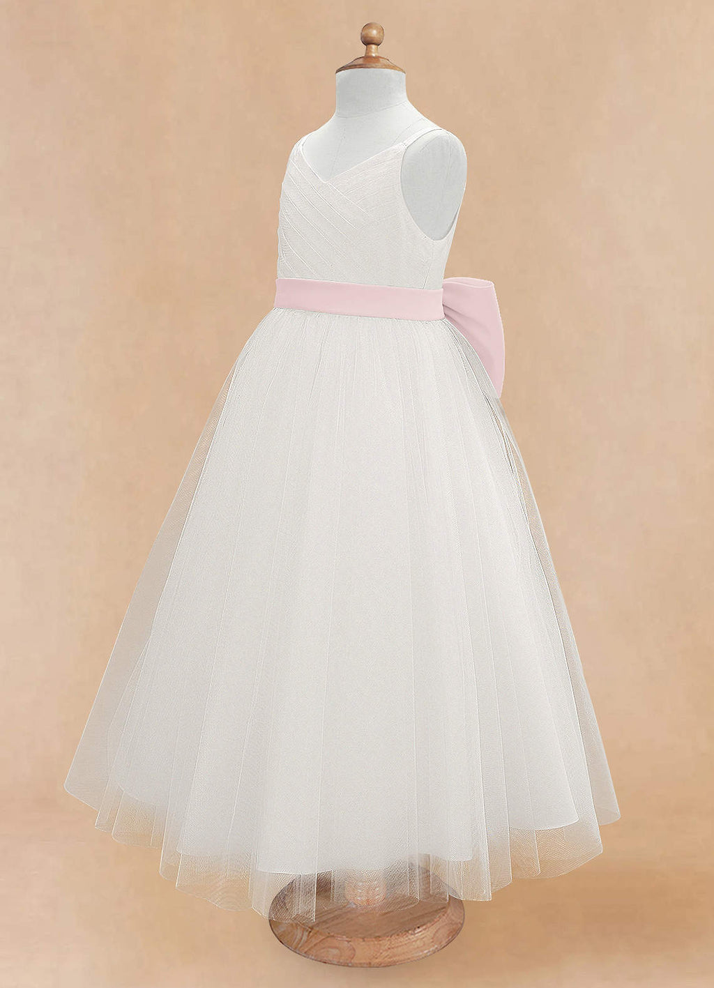 Geranium Elegant V-Neck Tulle Flower Girl Dress with Oversized Satin Back Bow & Pink Sash KD-303