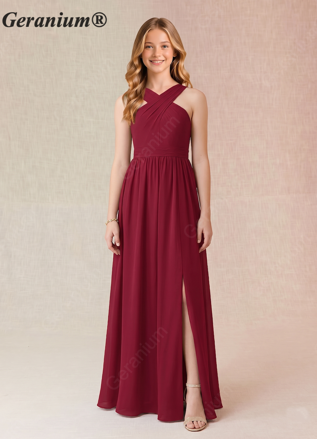 Geranium Junior Burgundy Chiffon A-Line Halter Neck Floor-Length Bridesmaid Dress with Front Slit KD-65